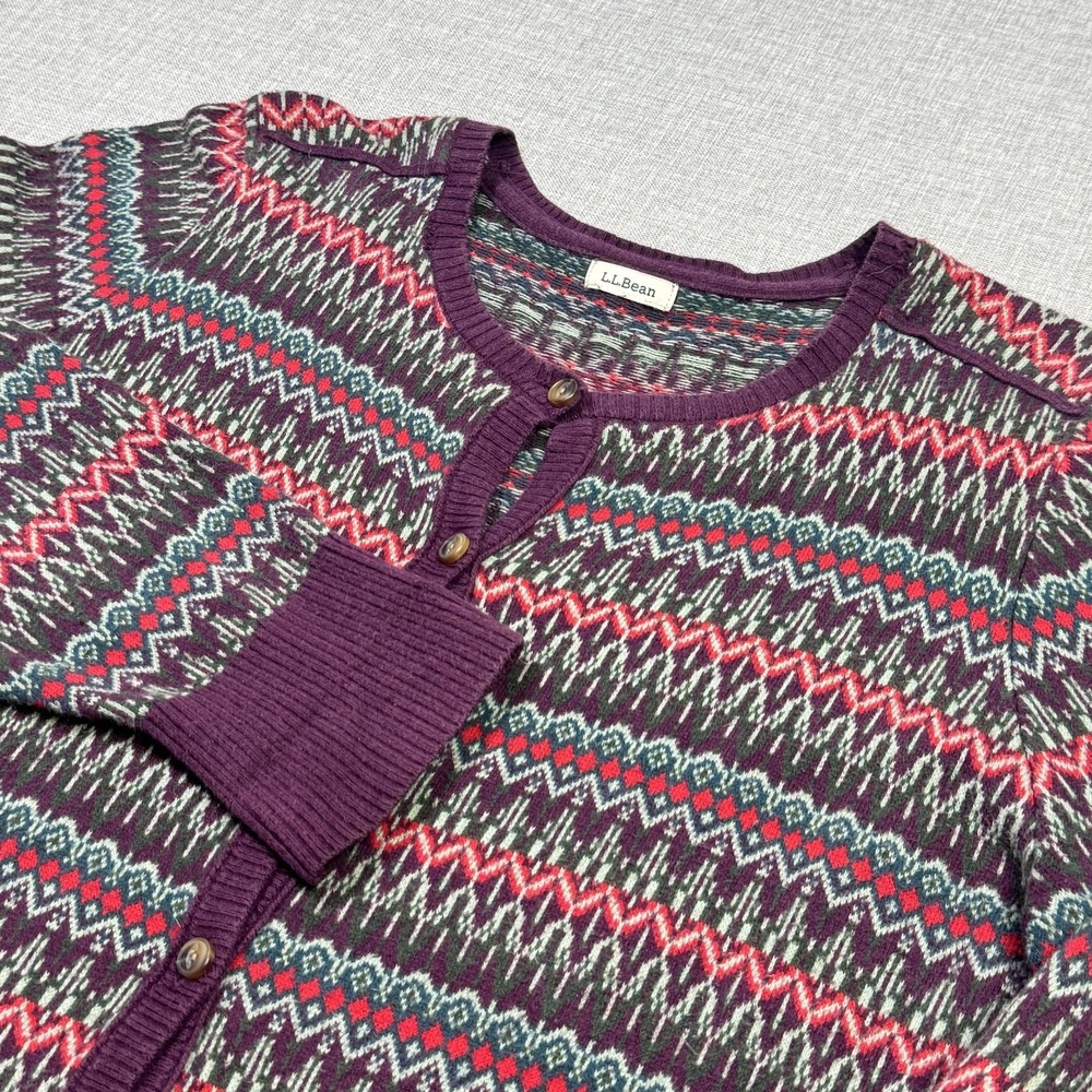 L.L. Bean Cardigan Sweater Womens L Multicolor Fair Isle Button Cotton Cashmere
